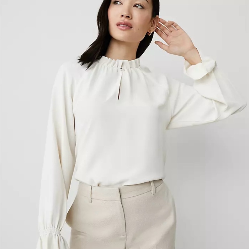 Ann Taylor Cream Blouse with Ruffle Neck